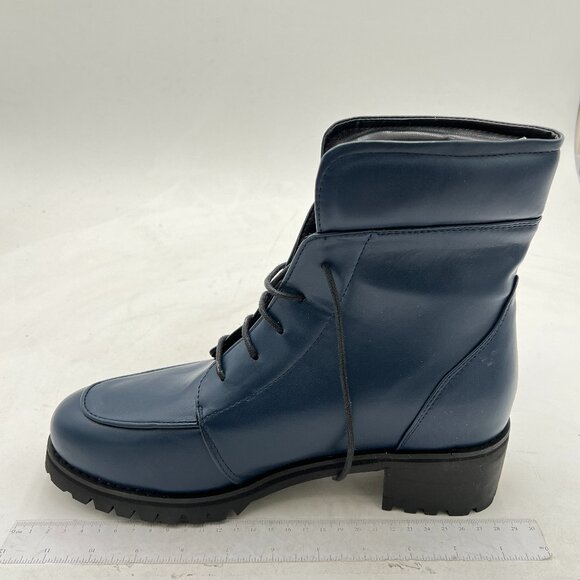 YDN Blue Round Toe Lug Sole Trendy Lace Up Chunky Low Heel Combat Ankle Boots - Picture 2 of 8